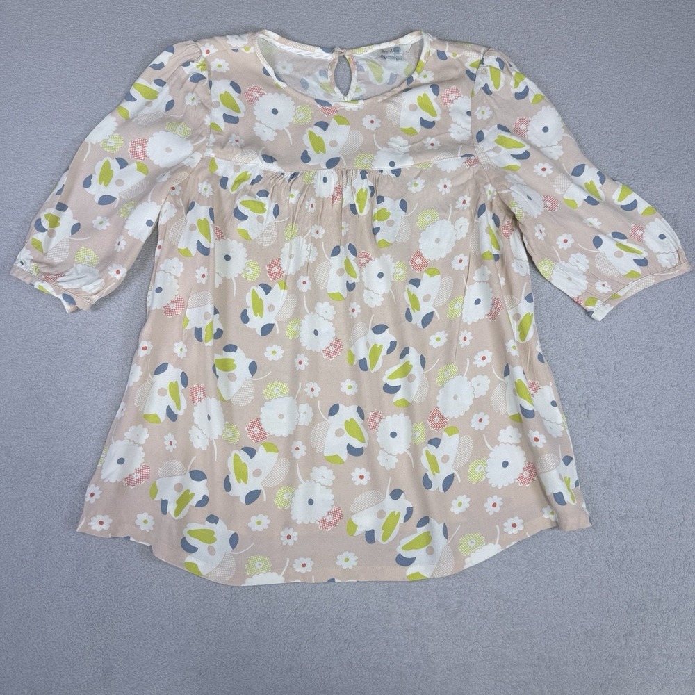 Boden Women Blush Pink Floral Blouse 3/4 Sleeve Pleated Top US 8 Peasant Cottage